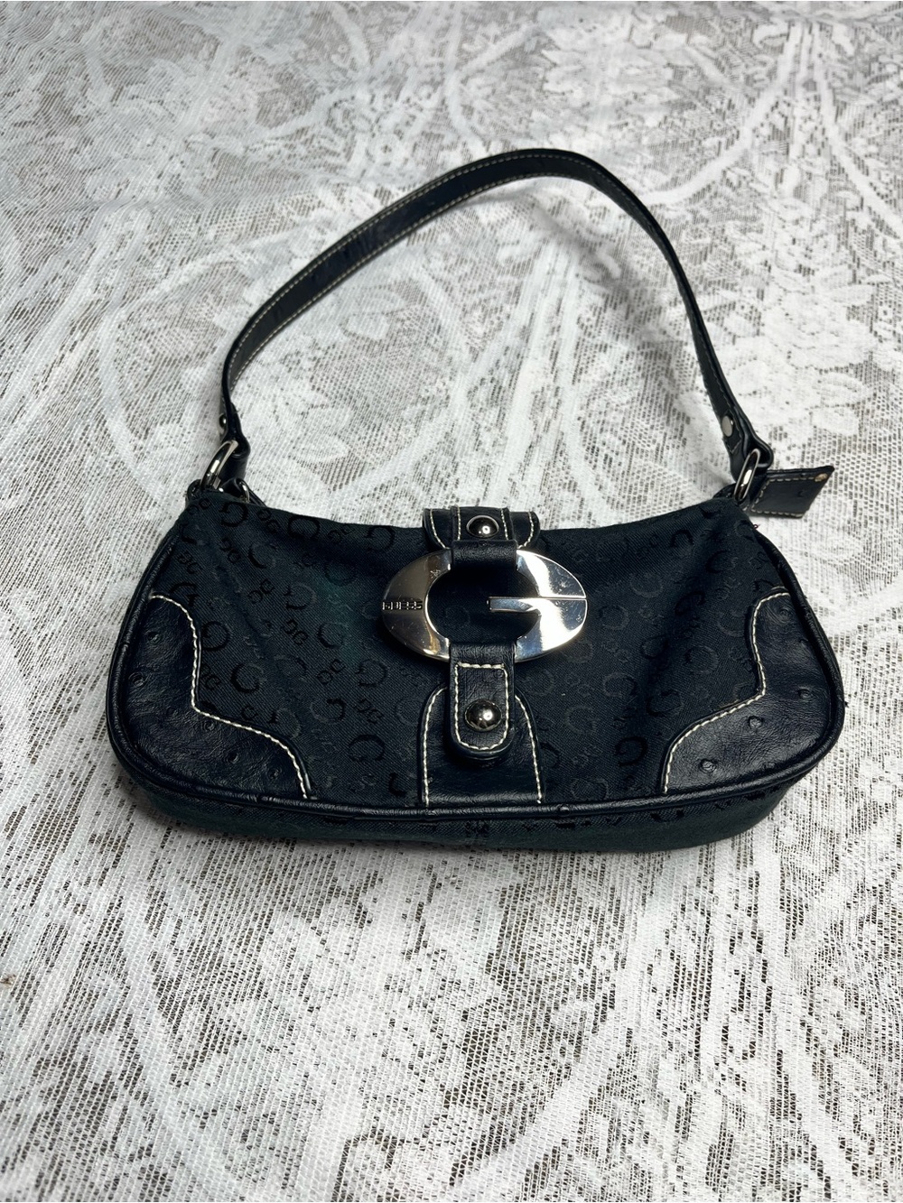 Vintage Black Guess Classic Silver G Monogram Jacquard Pattern Y2K Shoulder Bag